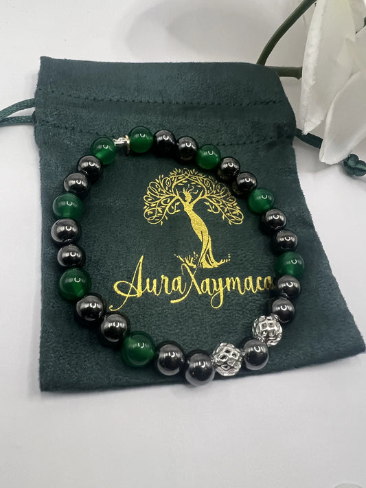 6 inch Green Agate and hematite with silver accent beads