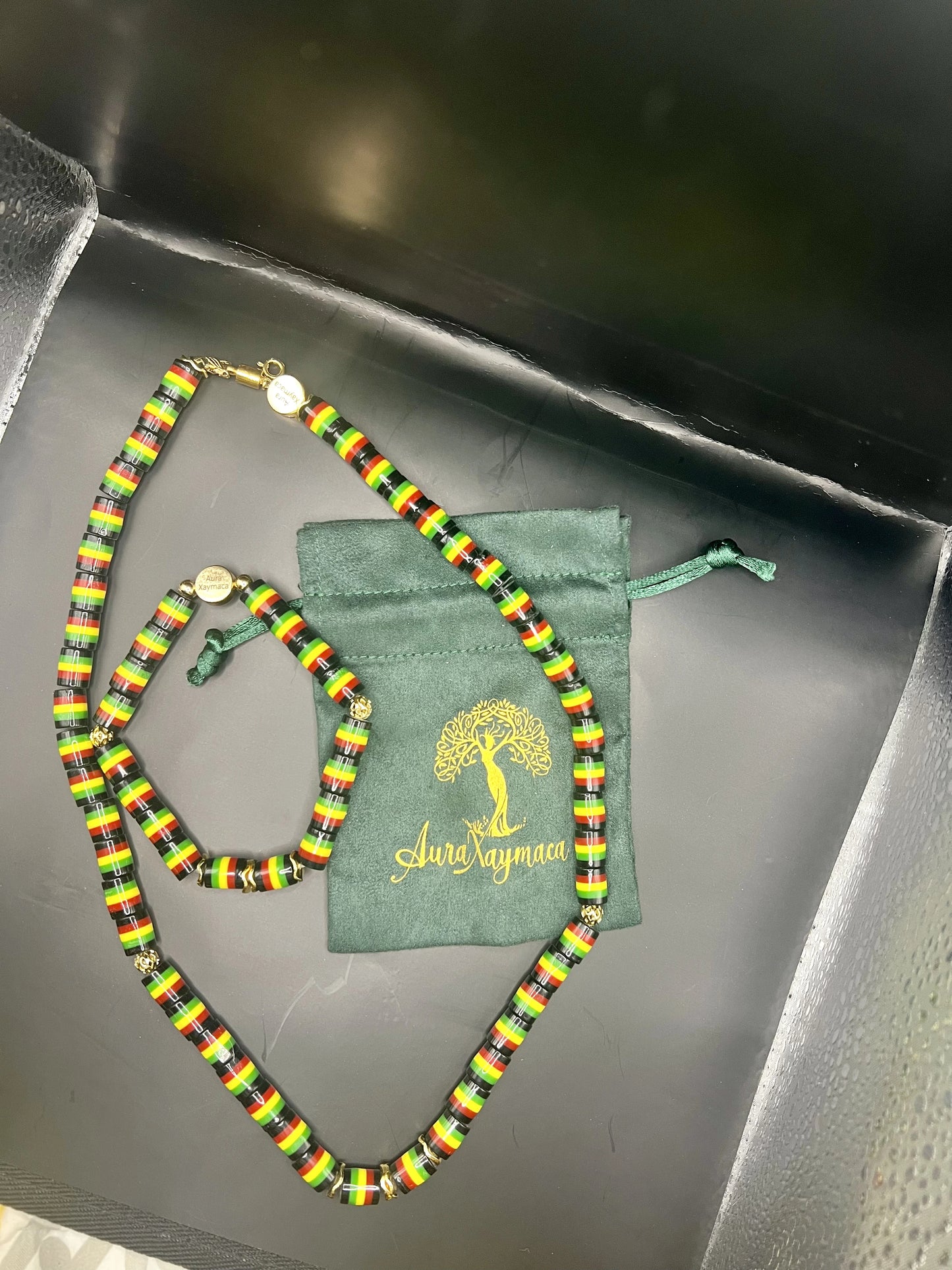 20 inch Rasta Beaded necklace with 14k gold accent beads with 7 inch Rasta bracelet with 14k Gold accent beads