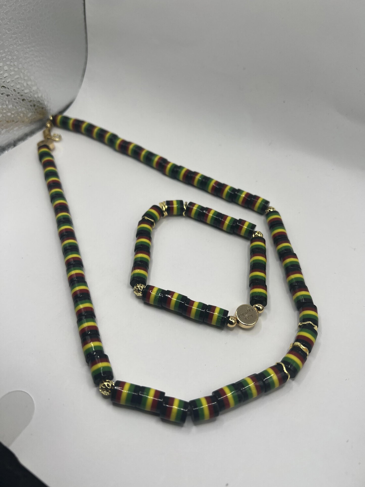 20 inch Rasta Beaded necklace with 14k gold accent beads with 7 inch Rasta bracelet with 14k Gold accent beads