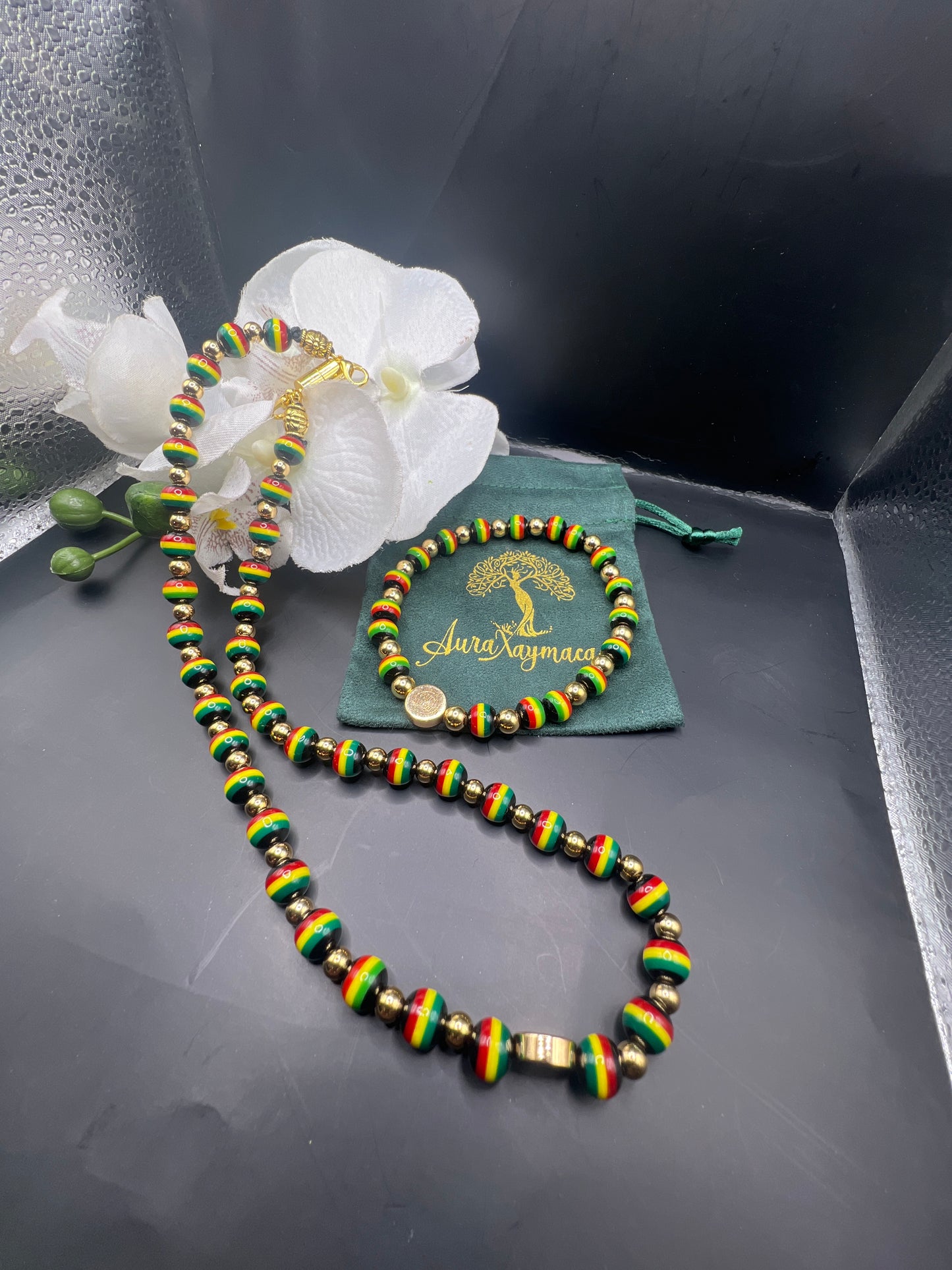 20 inch Rasta Beaded necklace with 14k gold accent beads with 7 inch Rasta bracelet with 14k Gold accent beads