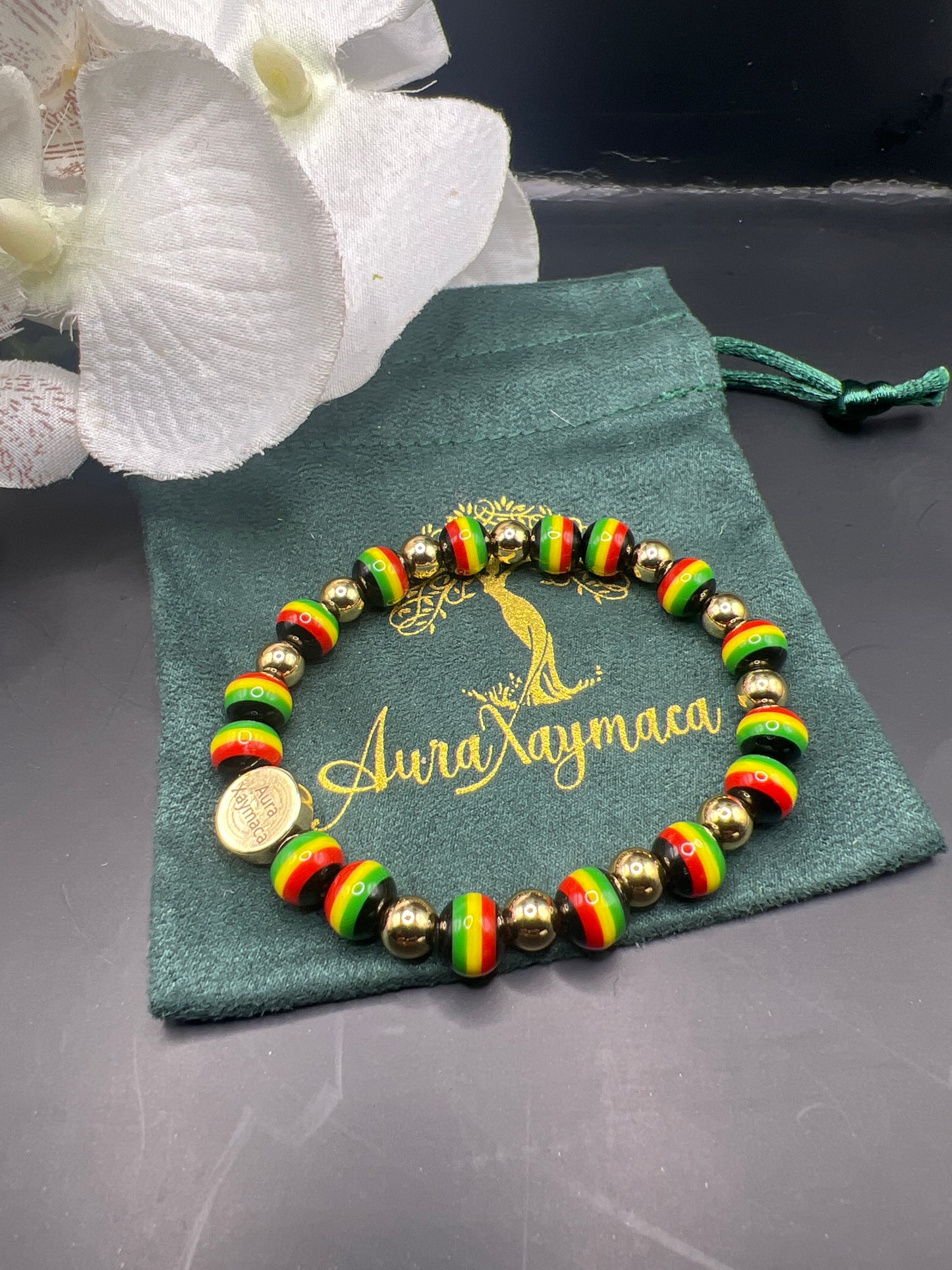 20 inch Rasta Beaded necklace with 14k gold accent beads with 7 inch Rasta bracelet with 14k Gold accent beads