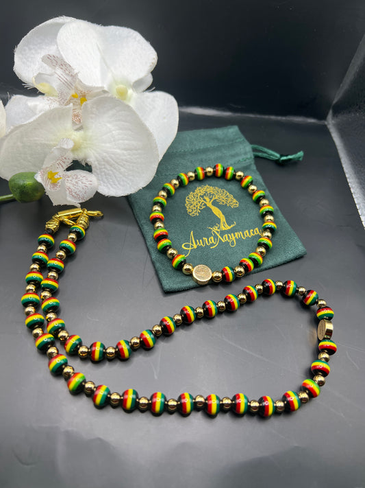 20 inch Rasta Beaded necklace with 14k gold accent beads with 7 inch Rasta bracelet with 14k Gold accent beads