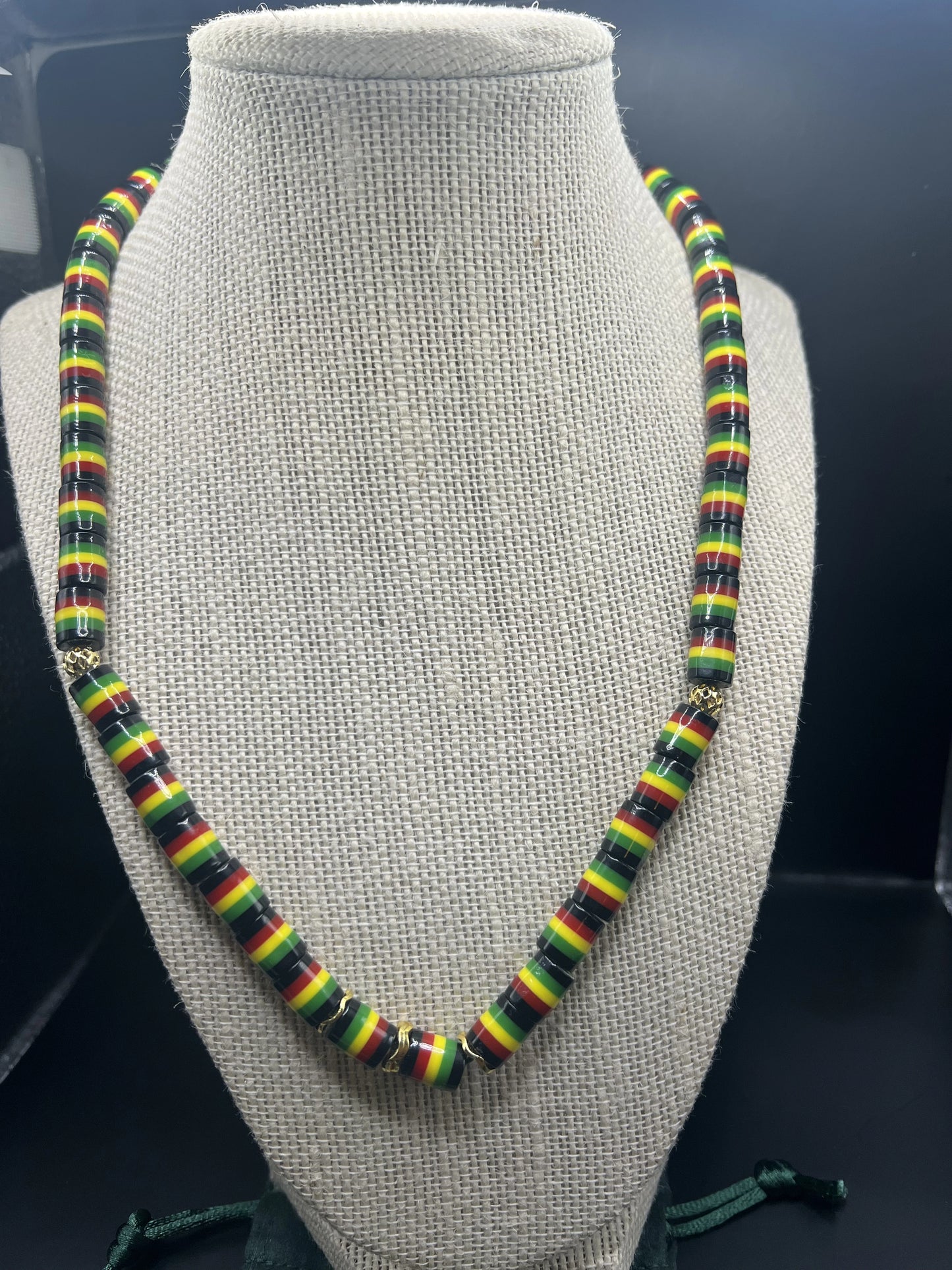 20 inch Rasta Beaded necklace with 14k gold accent beads with 7 inch Rasta bracelet with 14k Gold accent beads