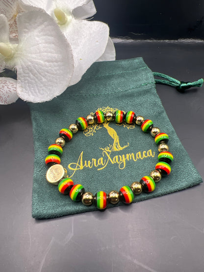 20 inch Rasta Beaded necklace with 14k gold accent beads with 7 inch Rasta bracelet with 14k Gold accent beads
