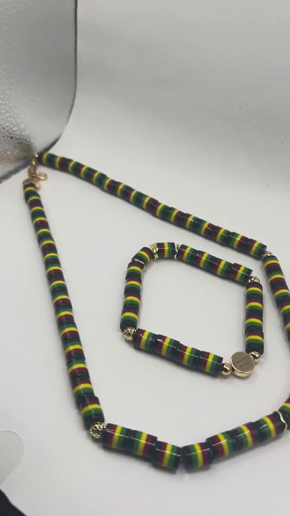 20 inch Rasta Beaded necklace with 14k gold accent beads with 7 inch Rasta bracelet with 14k Gold accent beads